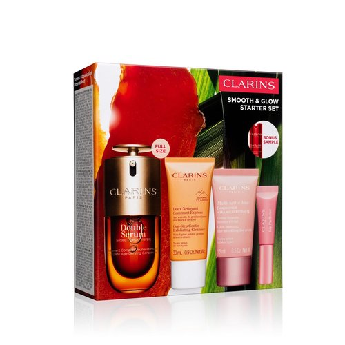 Clarins Smooth and Glow Starter Set - 5-Piece Skincare Collection with Full Size Double Serum 1 oz