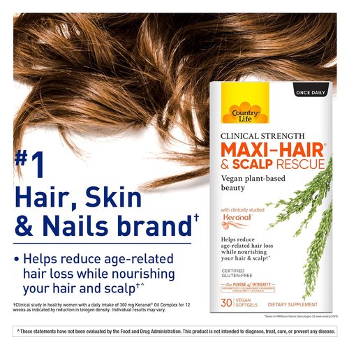 Country Life Maxi-Hair & Scalp Rescue - Clinical Strength Plant-Based Formula, 30 Gluten-Free Softgels