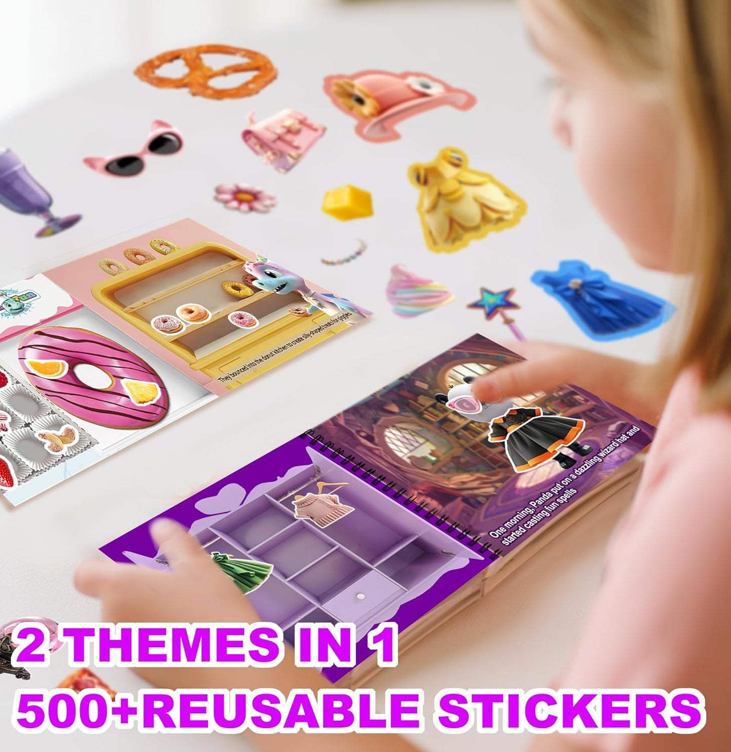 Dino Fun 2-in-1 Reusable Sticker Book for Kids - 500+ Stickers & 23 Scenes of Animal Dress-Up & Cooking