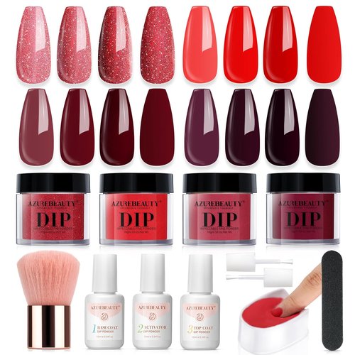AZUREBEAUTY Dip Powder Nail Kit - 4 Colors Including Red & Burgundy | Complete Manicure Set with Base & Top Coat