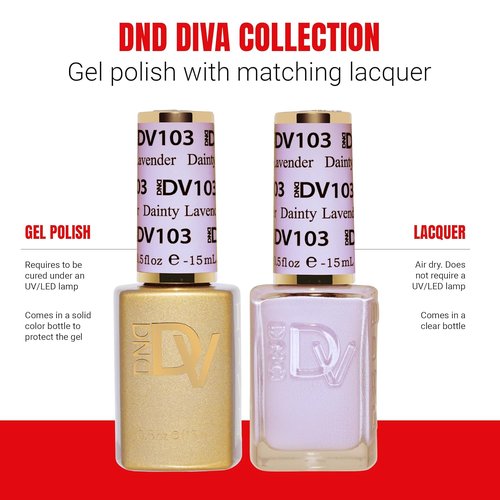 DND Gel Polish Set - Coquette Collection | UV/LED Gel & Air Dry Nail Lacquer Duo - 103 Dainty Lavender, 0.5 Fl Oz