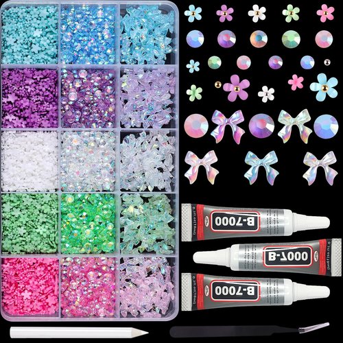 3200Pcs Nail Bow Charms Resin Jelly Rhinestones for Crafting, Multicolor Flatback Rainbow Gems, Bedazzling Crystal 3D Flowers with 3Pcs 10ml B7000 for DIY Crafts Clothing Shoes Nail Art