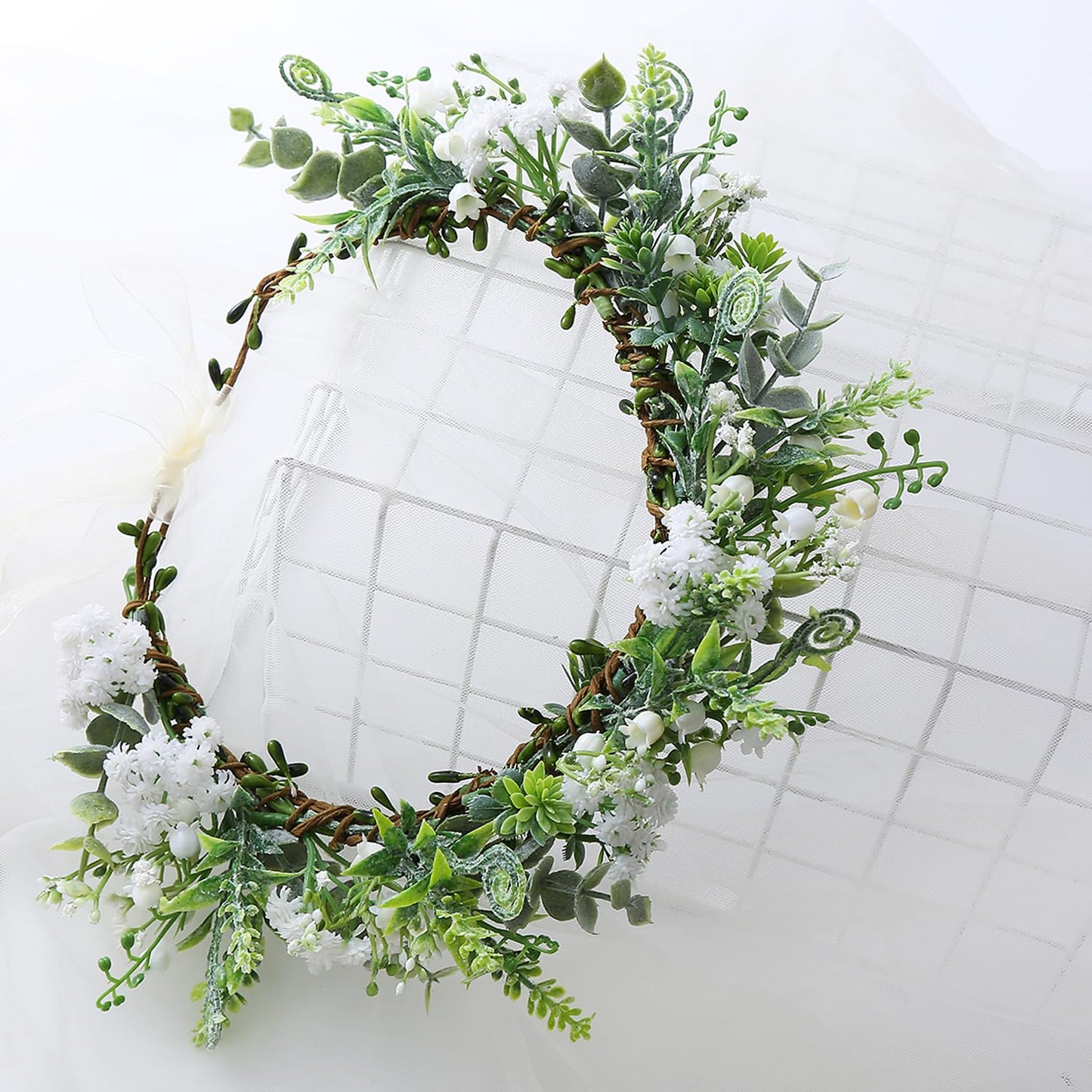 YnimioAOX Handmade Adjustable Flower Wreath Headband Halo Floral Crown Garland Headpiece,E2727-beige