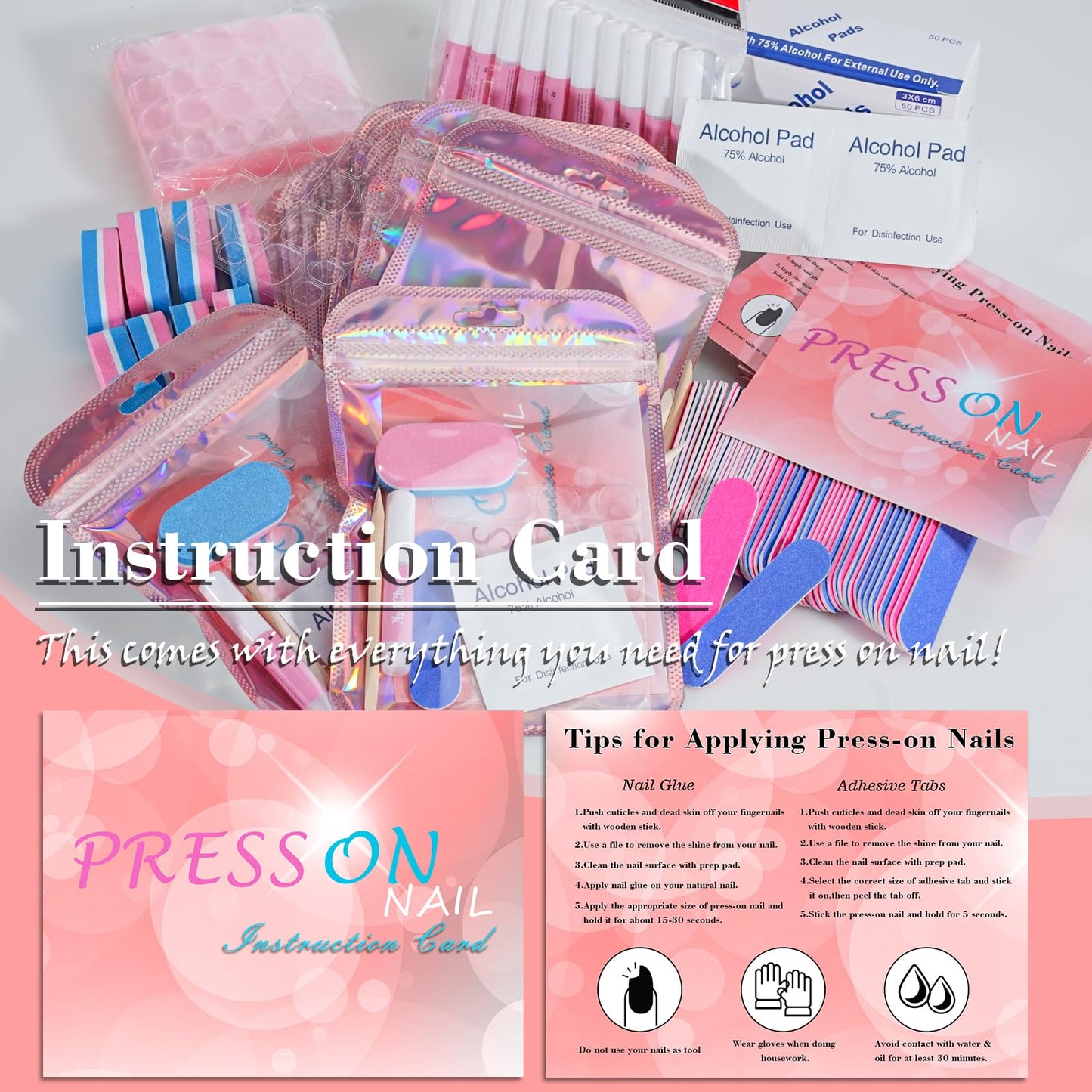 50 Set Disposable Nail Supplies Kits,Professional Manicure Press On Nail Tool Kit With Nail File ,Nail Buffer,Adhesive Tabs,Nail Glue,Sticks, Prep Pads,Bags,Cards for Nail Business(Mixed Color)