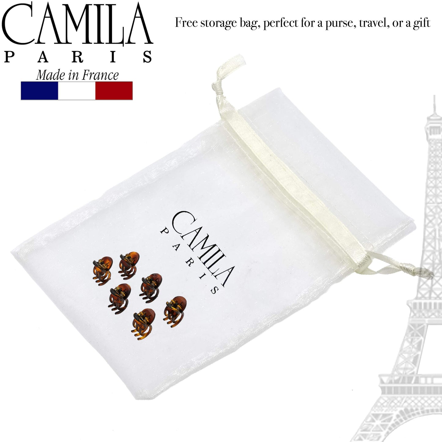 Camila Paris CP2374 French Hair Clip for Women, Set of 6 Extra Small Tortoise Shell Girls Hair Claw Clip Fashion Styling Hair Accessories for Women, Ladies Strong Hold Grip Clamp, Made in France