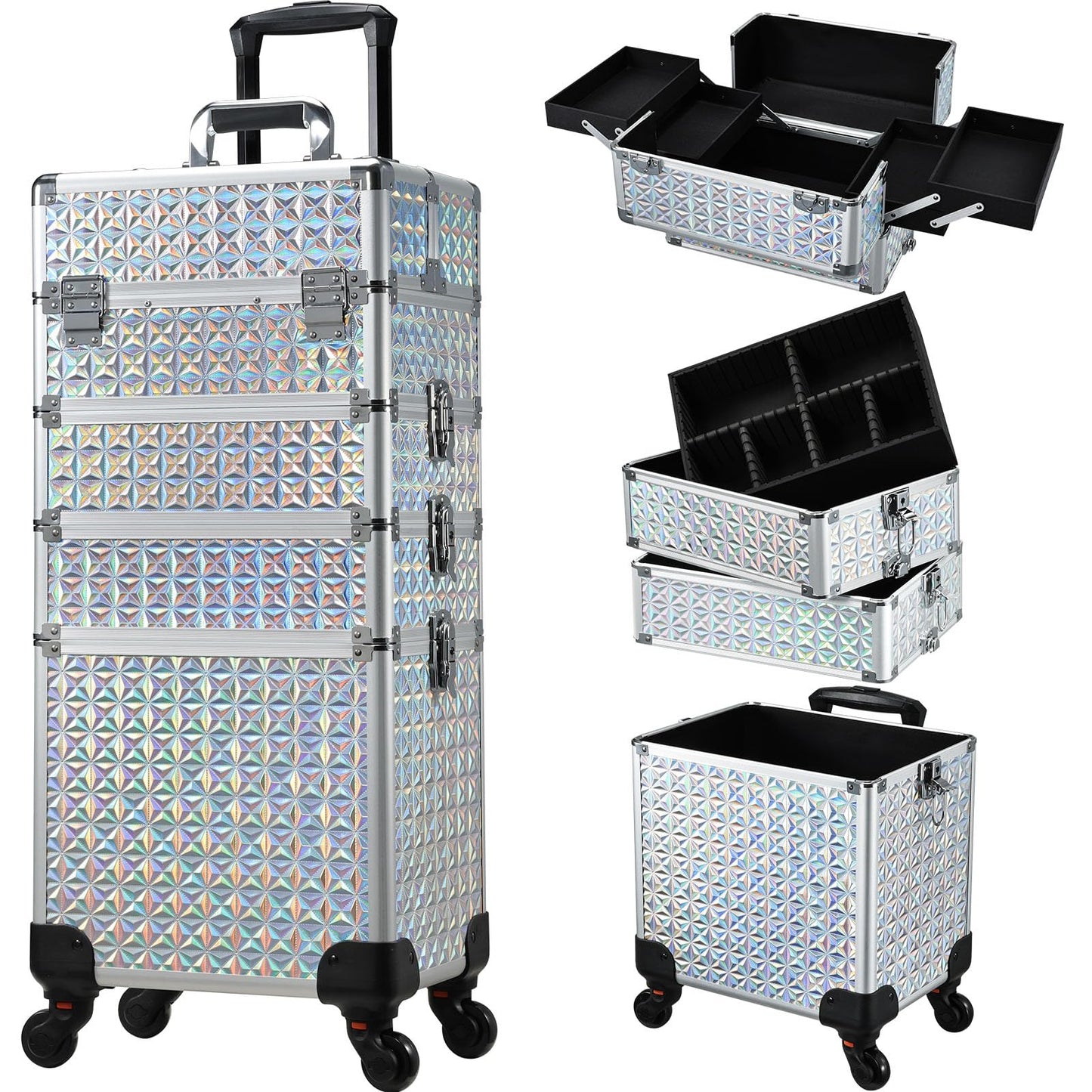 Stagiant Rolling Makeup Train Case Large Storage Cosmetic Trolley 4 in 1 Large Capacity Trolley Makeup Travel Case with Key Swivel Wheels Salon Barber Case Traveling Cart Trunk Shiny Silver