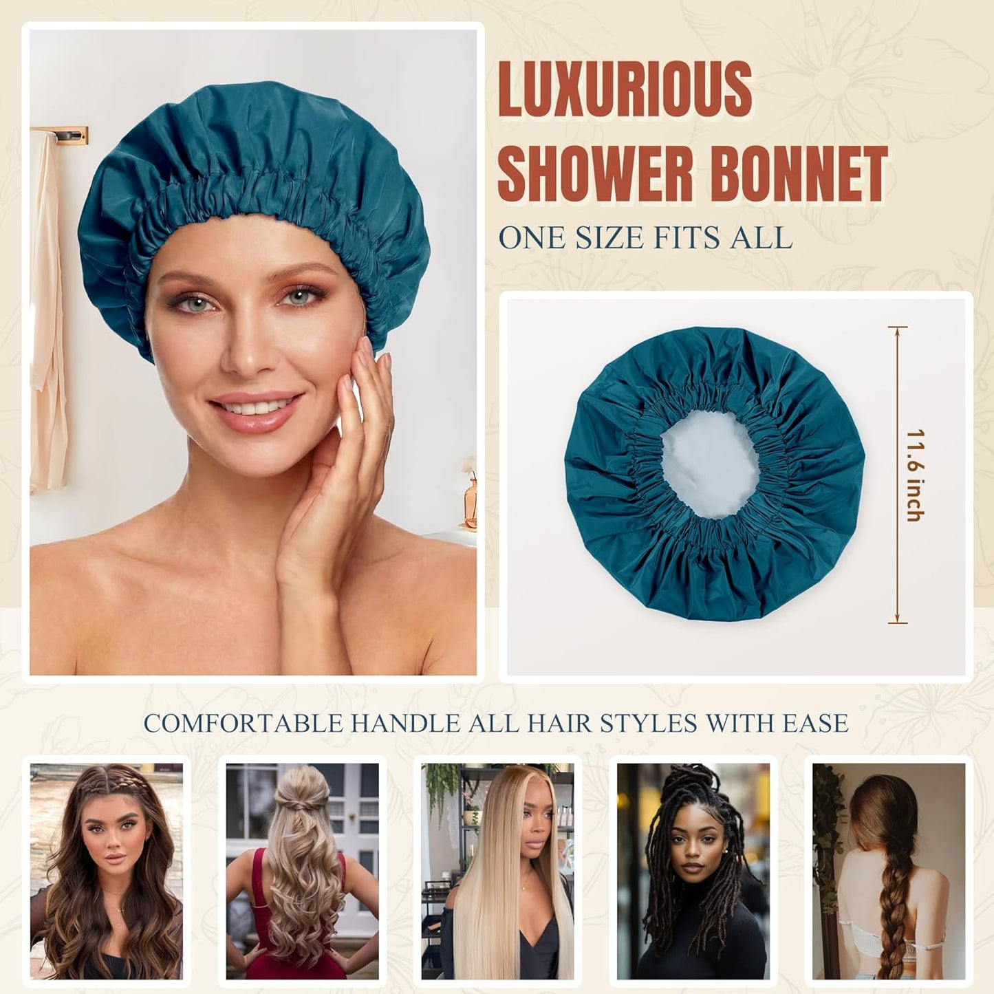 Skiennix Reusable Shower Cap - Stylish Waterproof Bonnet with Wide Elastic Band for Long Hair | Blue Zircon