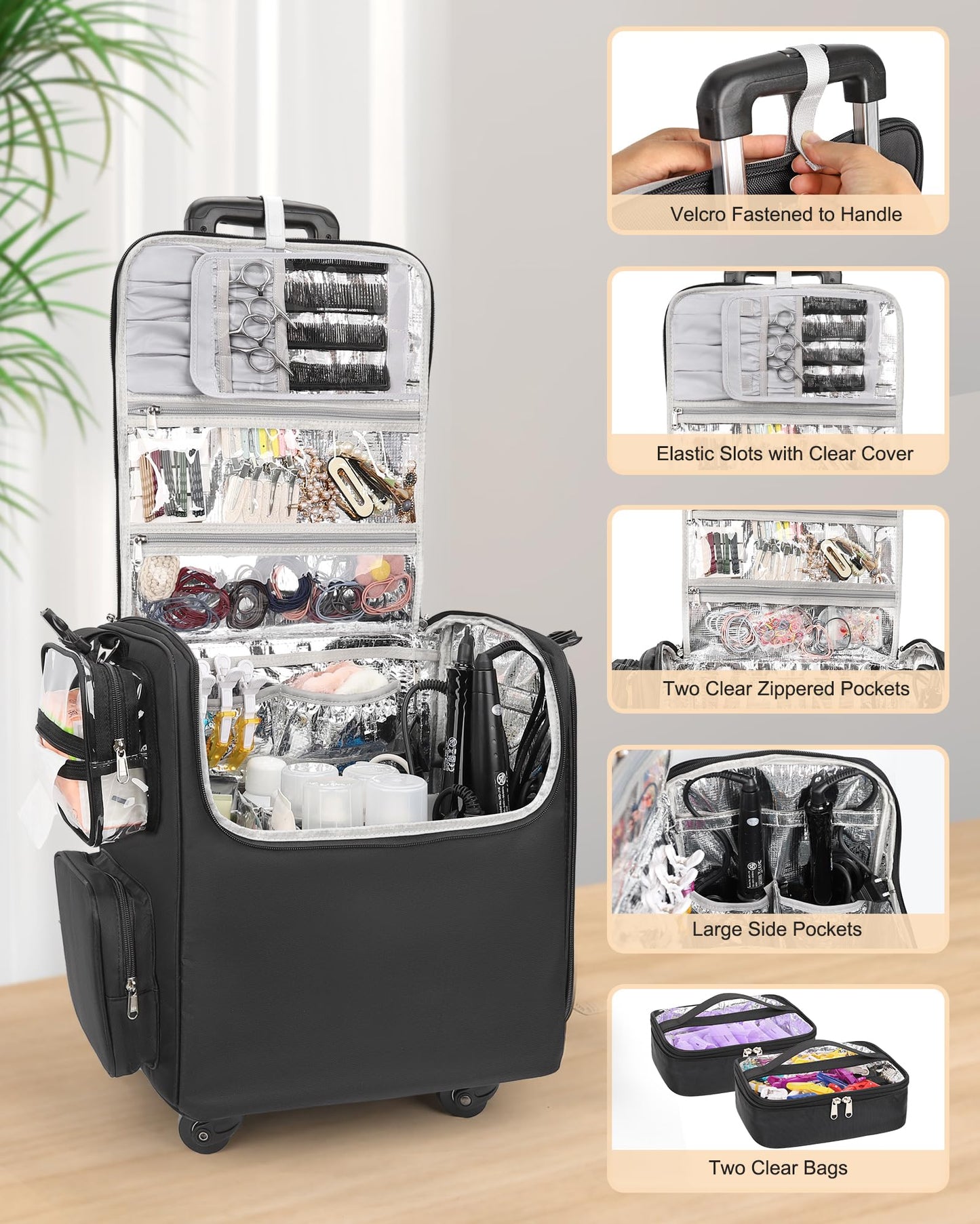 Relavel Rolling Makeup Train Case with 6 Pcs Clear Makeup Bags, Hairstylist Traveling Bag with 4 Wheels, Heat Insulation Full Layer, Adjustable Dividers, Hair Tools and Cosmetics Storage Organizer