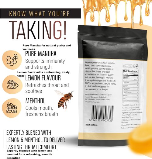 Berringa Manuka Honey Lozenges - Lemon & Menthol Flavor, MGO 900+, 5.3 oz | 30 Count