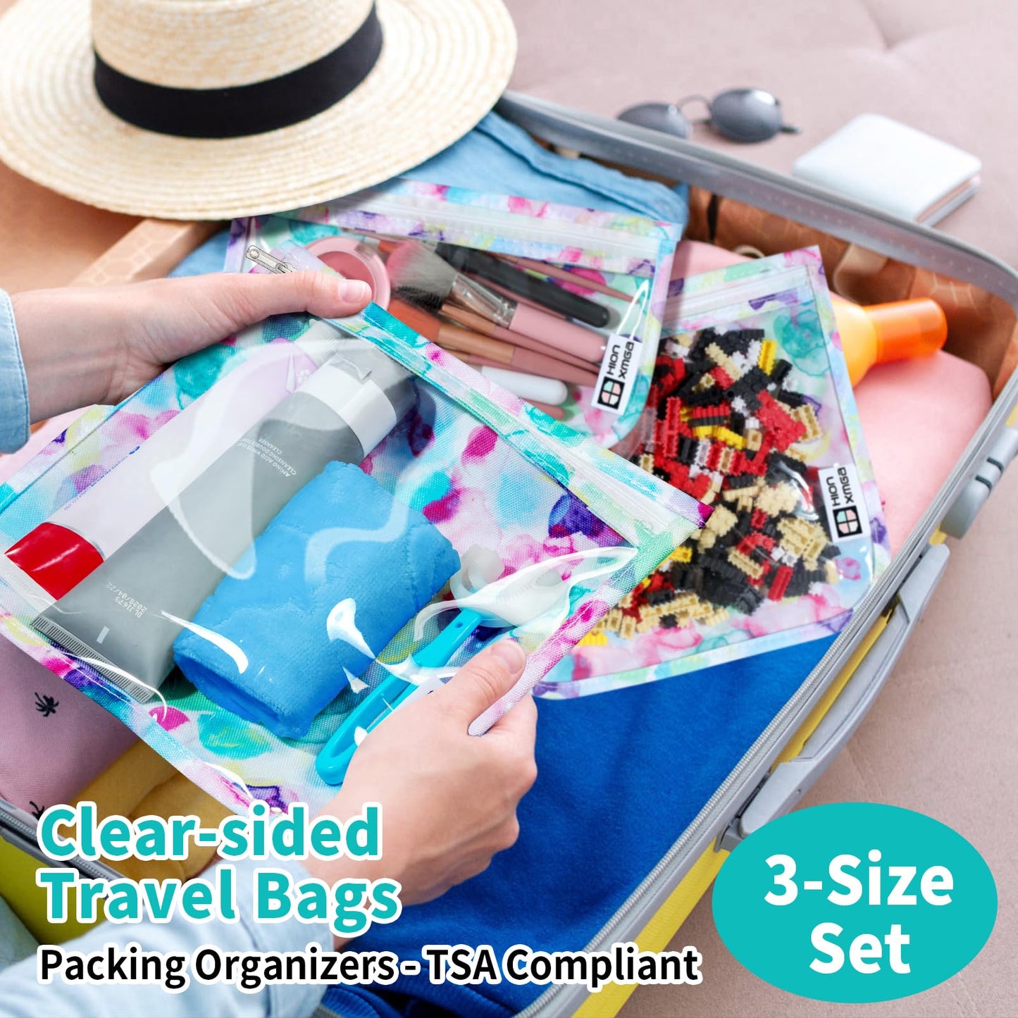 HIONXMGA TSA Approved Toiletry Bag, Set of 3 Clear Travel Toiletry Bag Quart Size Zipper Travel Pouch, Waterproof Makeup Cosmetic Bag for Women Men Kids Toiletries Carry on, Watercolor