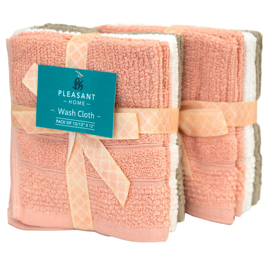 PH Pleasant Home Ribbed Wash Cloths Set - 12 Pack (12” x 12”) – 509 GSM - 100% Ring Spun Cotton Wash Cloth - Super Soft and Highly Absorbent Face Towels (Blush,White & Tan)