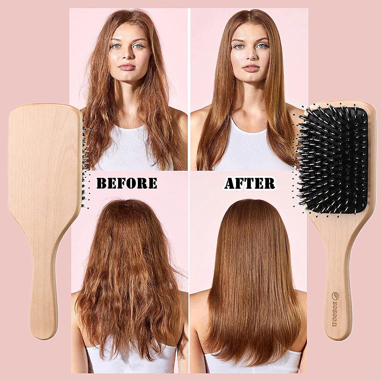 Sosoon Boar Bristle Paddle Hairbrush - Tangle-Free Styling for All Hair Types | Gift Box & Tail Comb Included