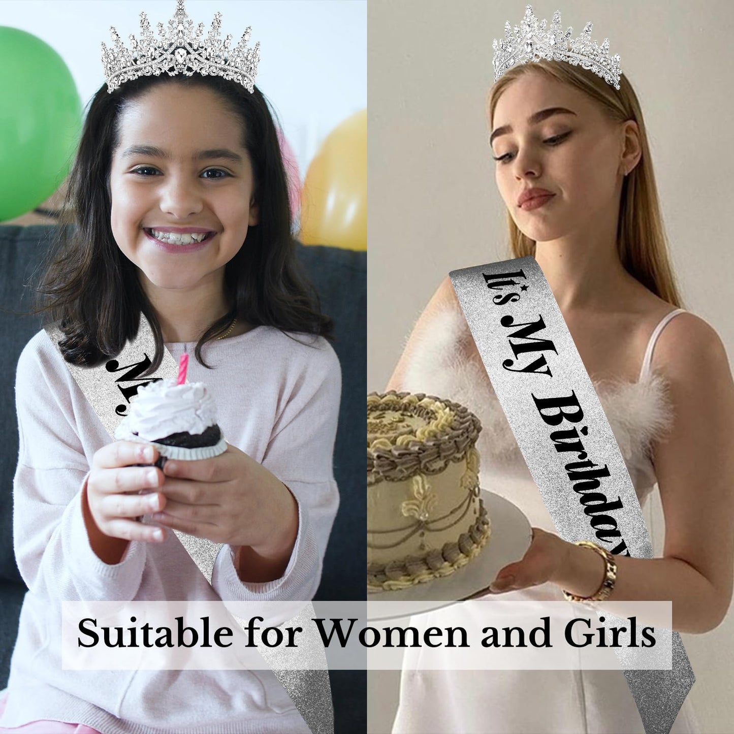 CURASA Birthday Sash and Crown Silver Birthday Sash for Women Birthday Crown Adult Women Giltter Its My Birthday Sash Birthday Tiara for Women Girls Princess Crown Birthday Decoration Party Favors Gifts