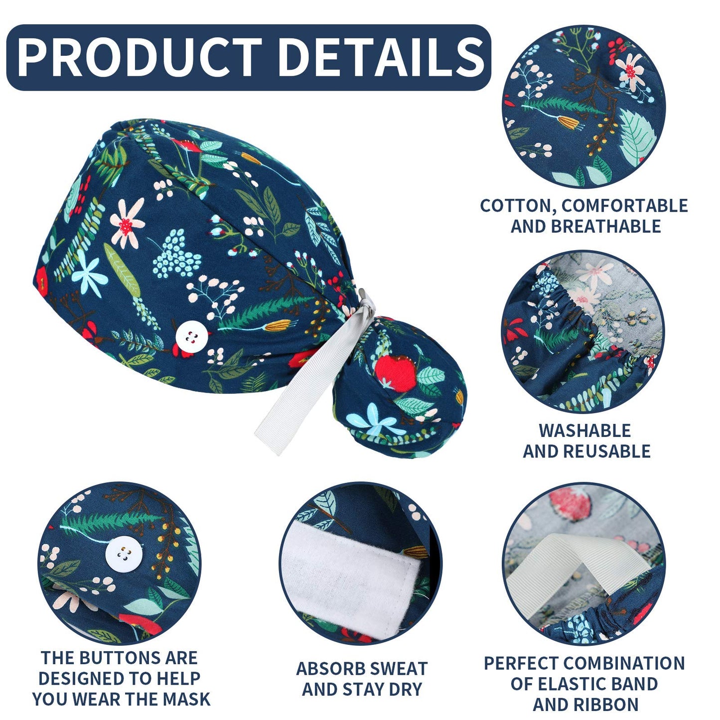 Honoson 6 Pcs Scrub Caps Women Nursing Hats with Buttons Adjustable Bouffant Nurse Hats Ponytail Holder Bouffant Turban(Retro Patterns) Multi-Color