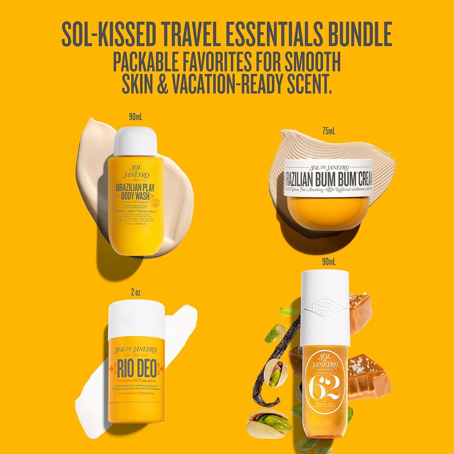 Sol de Janeiro Travel Essentials Bundle - Cheirosa 62 Perfume Mist, Rio Deo, Bum Bum Cream & Body Wash | TSA-Friendly Sizes