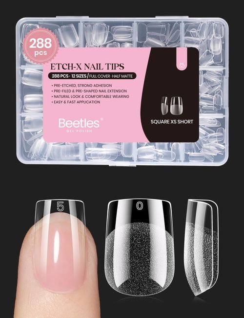 Beetles Gel Nail Tips 288 pcs Extra Short Square Nail Tips 12 Sizes Full Cover Gel Press On Nails Half Matte Acrylic Square Fake Nail Extension Set for Women Home DIY