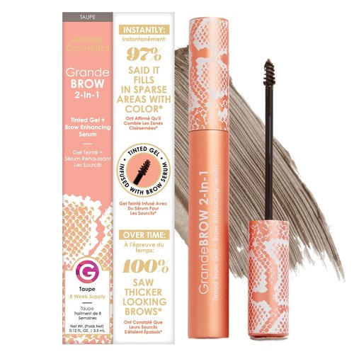 Grande Cosmetics GrandeBROW Tinted Brow Gel & Enhancing Serum - Thicker, Darker Eyebrows, Taupe, Full Size (0.12 fl oz)