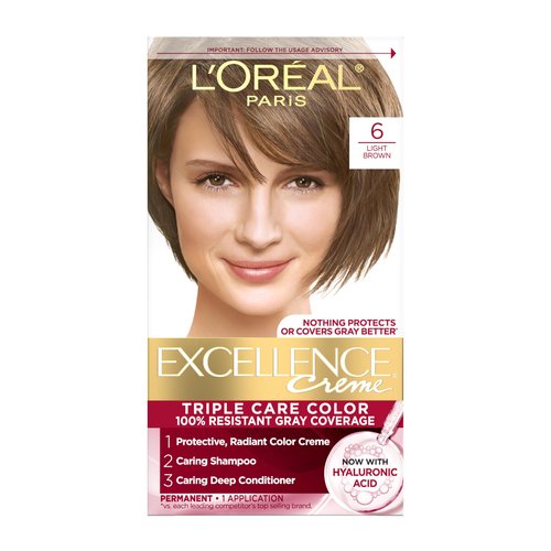 L'Oreal Paris Excellence Crème Permanent Hair Dye, Triple Care Hair Color with Hyaluronic Acid for 100% Gray Coverage, 6 Light Brown, 1 Kit (Packaging May Vary)