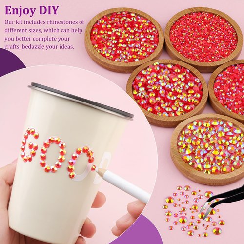 Resin Jelly Rhinestones for Crafting with B7000 Jewelry Glue, 1 Box Red AB Flatback Crystal with 3Pcs 10ml Glue, Bedazzling Non Hotfix Gems for DIY Tumblers Clothing Shoes Manicure