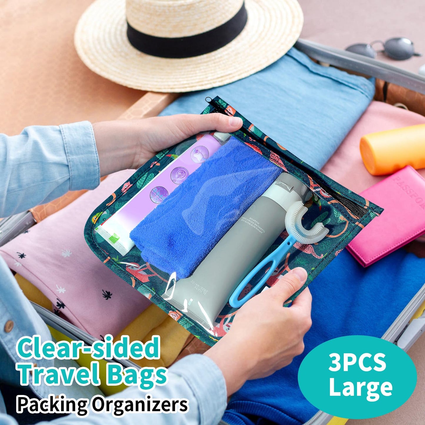 HIONXMGA TSA Approved Toiletry Bag, Set of 3 Clear Travel Toiletry Bag Quart Size Zipper Travel Pouch, Waterproof Makeup Cosmetic Bag for Women Men Kids Toiletries Carry on, Jungle Large