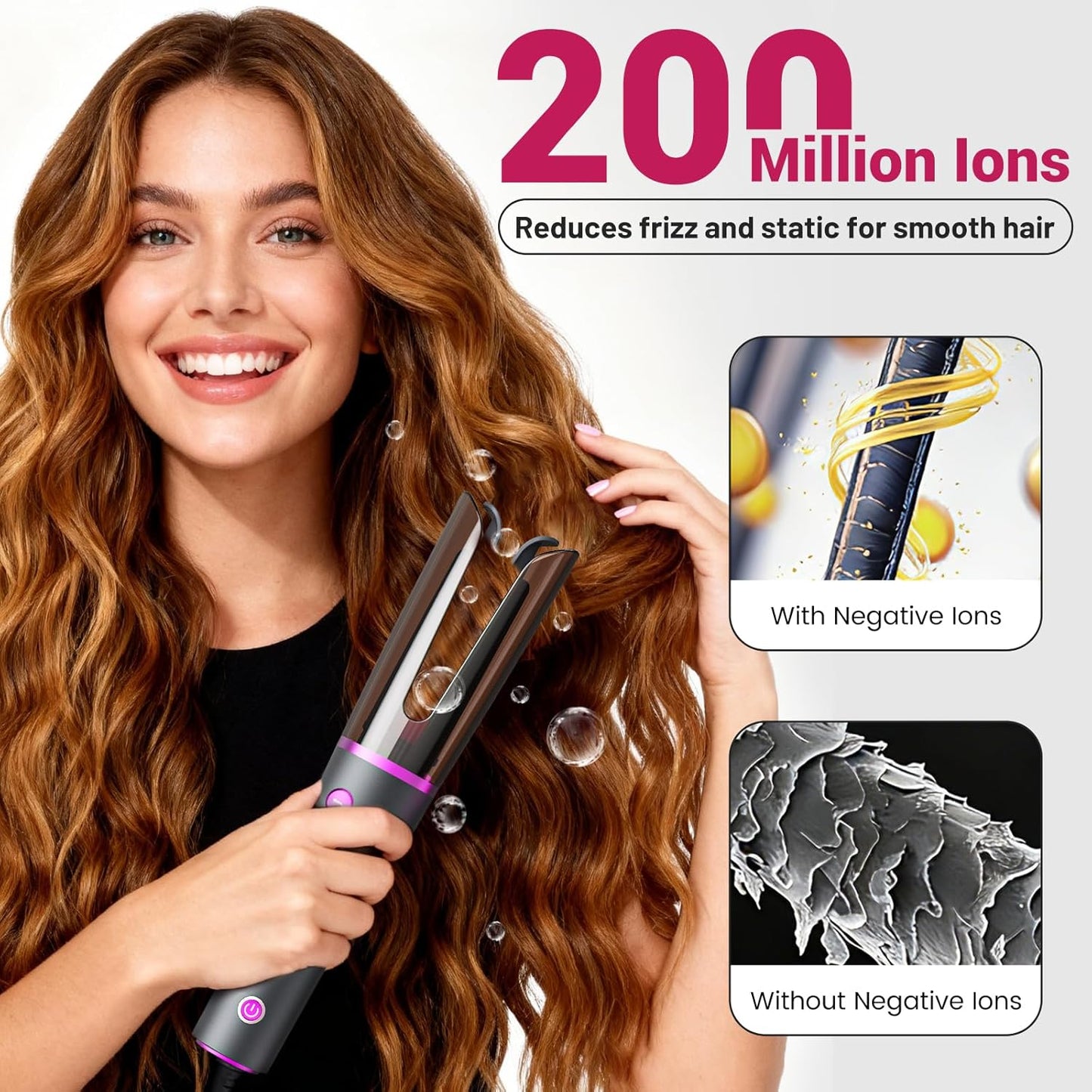 Skiennix Negative Ion Automatic Rotating Curling Iron - Smart Tangle-Free, Dual Voltage, Portable 1-Inch Ceramic Curler for Home & Travel