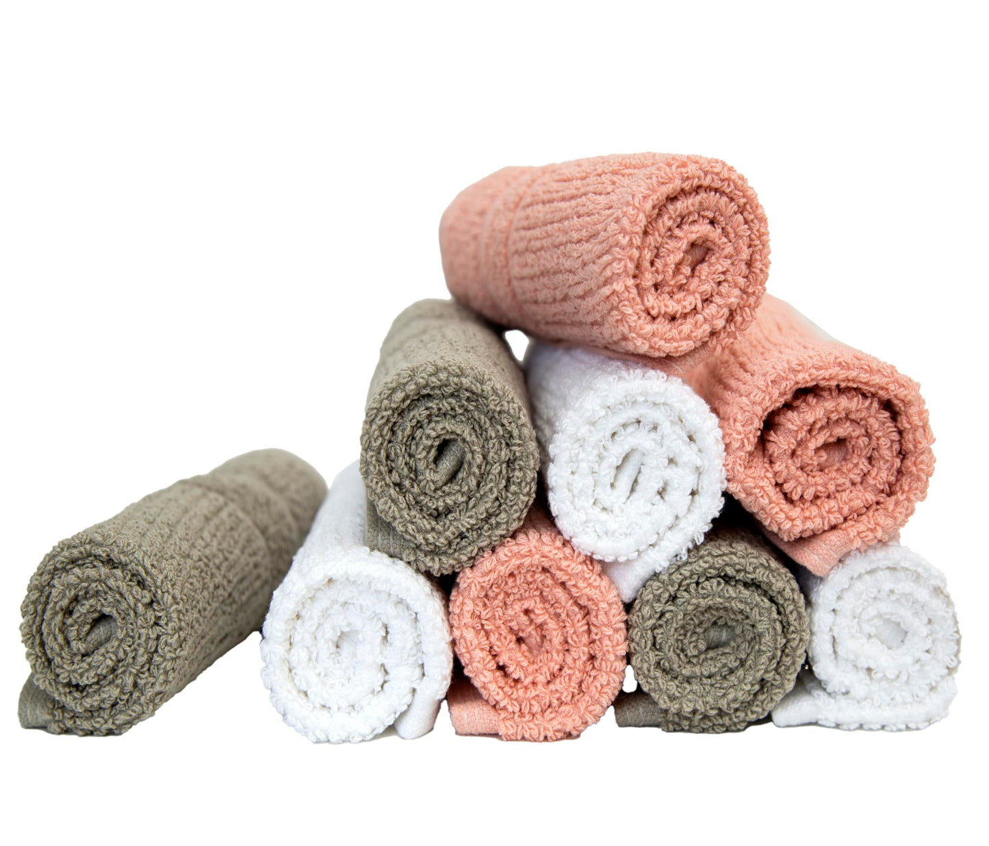 PH Pleasant Home Ribbed Wash Cloths Set - 12 Pack (12” x 12”) – 509 GSM - 100% Ring Spun Cotton Wash Cloth - Super Soft and Highly Absorbent Face Towels (Blush,White & Tan)