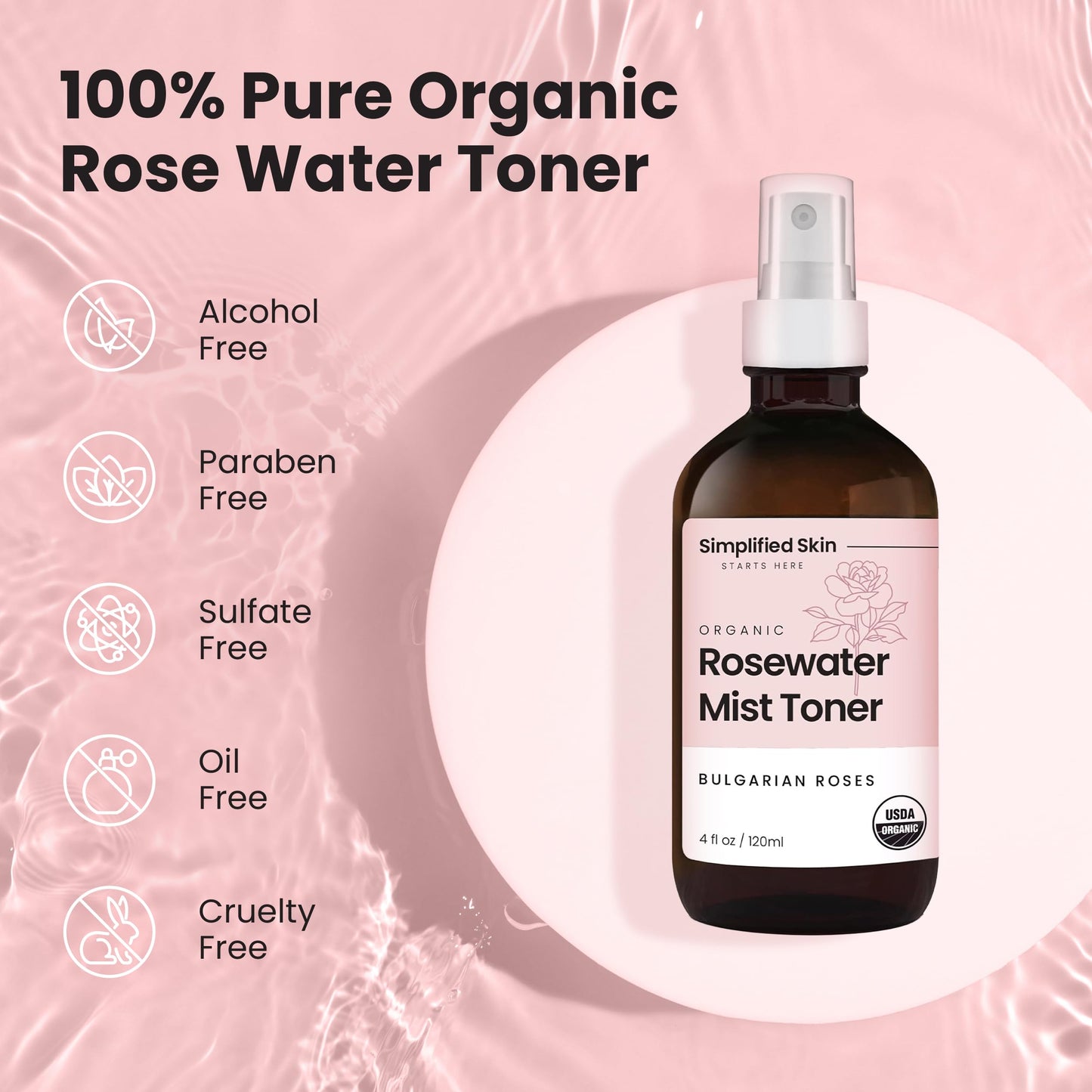 Rose Water Spray for Face & Hair - 100% Natural Organic Face Toner - Alcohol-Free Makeup Remover - Anti-Aging Self Care Beauty Mist - Hydrating Rosewater Refill - 8 Oz