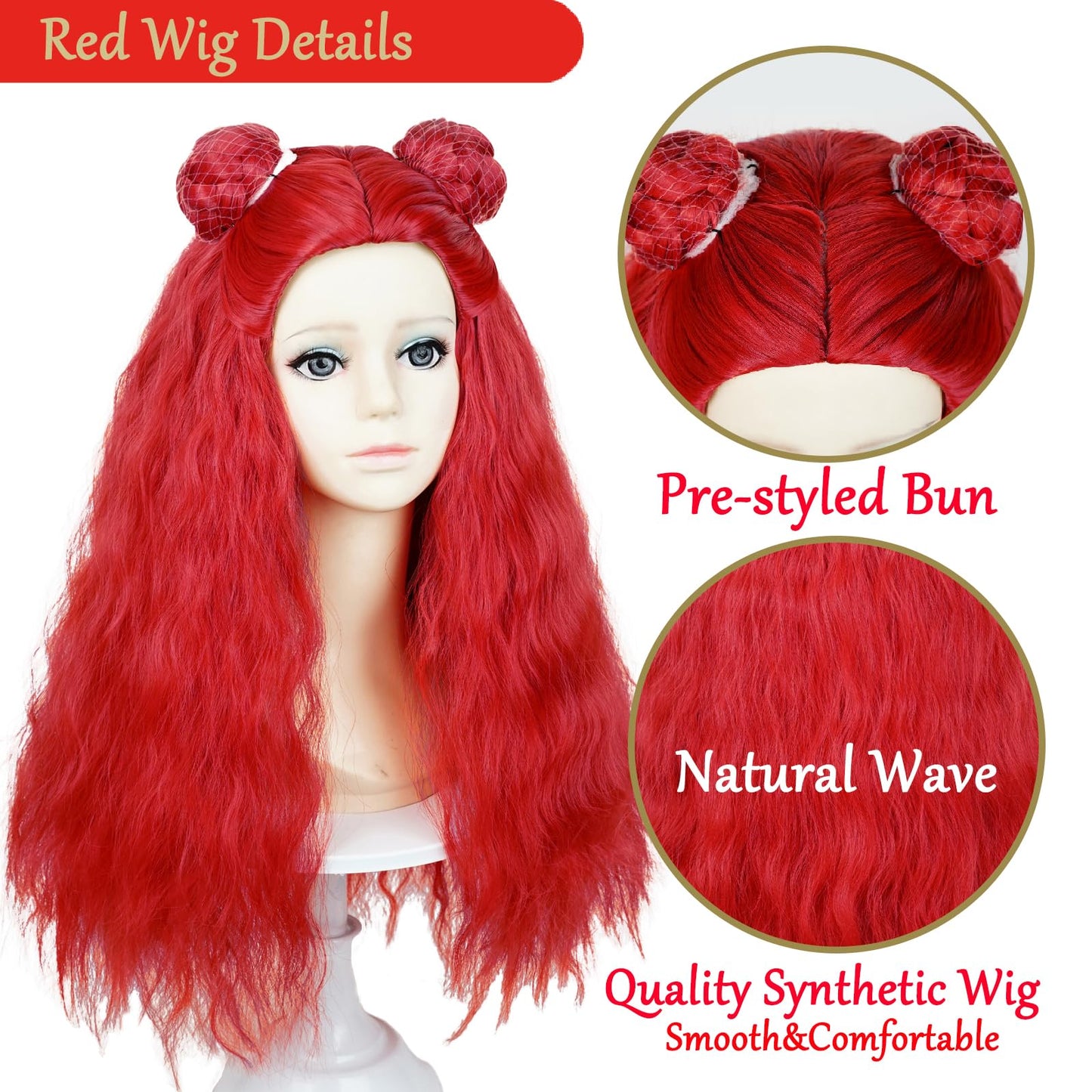 Wiggy Mermaid Red Wig for Kids Girls Toddlers, 50 cm Long Red Curly Wig Pre-styled Bun for Halloween Rise Costume Cosplay