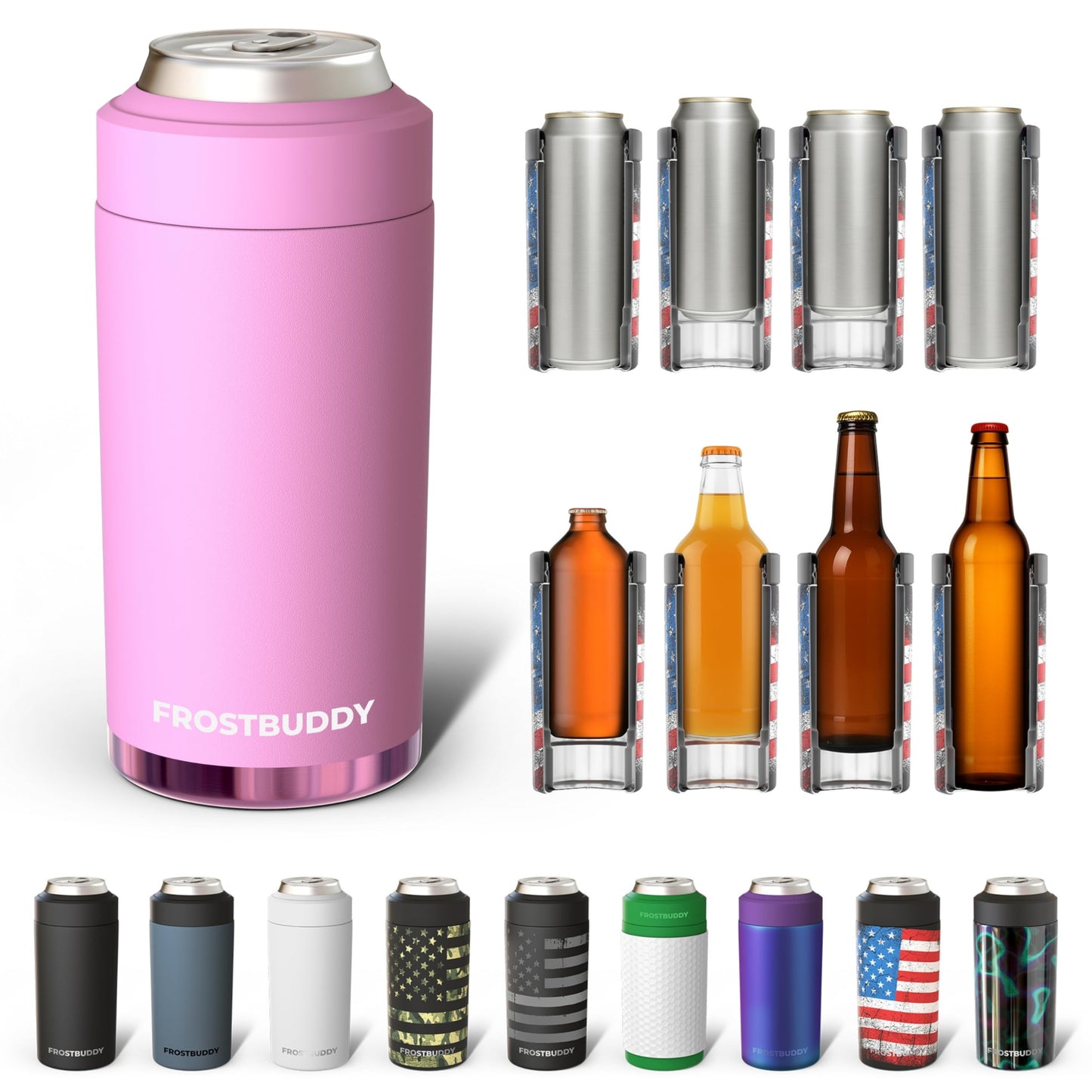Frost Buddy Universal Buddy Can Cooler - Fits All - For Regular 12 & 16 oz or Slim-Size Bottles - Insulated Double -Walled Stainless Steel (All white)
