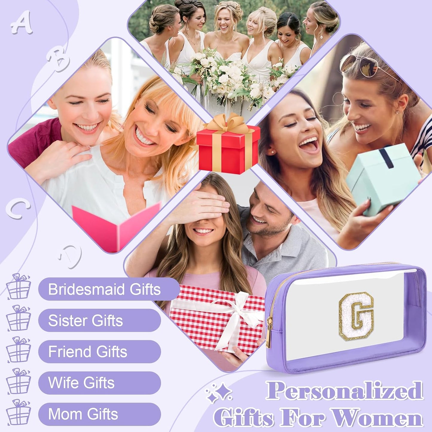 UIXIZQ Personalized Initial Letter Clear Makeup Bag - Preppy Nylon & PVC Cosmetic Zipper Bag | Travel Toiletry Organizer for Teen Girls & Women, Monogrammed Gift