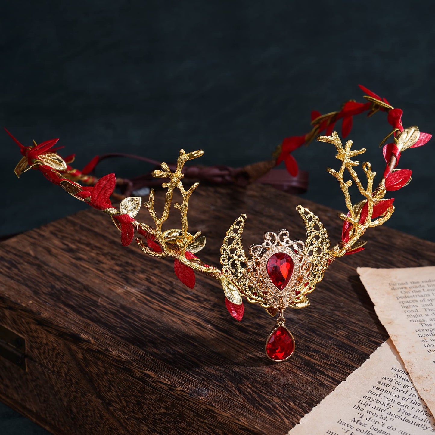 MOSTORY Handmade Red Fairy Moon Crown - Flower Headpiece Woodland Elf Tiara Floral Circlet for Queen Witch Renaissance Halloween Prom Cosplay Photography