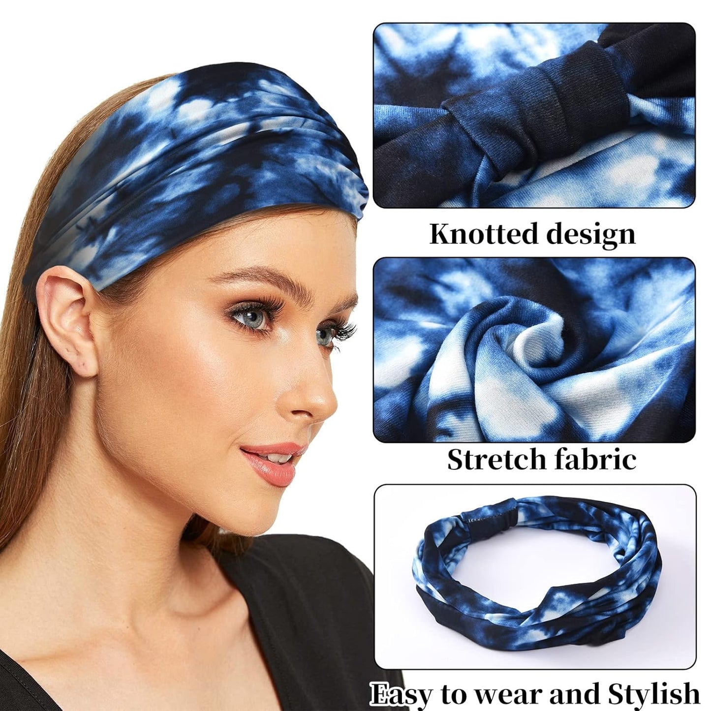Yeshan Women's Wide Boho Knotted Non-Slip Turban Headwraps - Stretchy Bandeau Hair Bands for Sports, Yoga, Workouts, Pack of 8