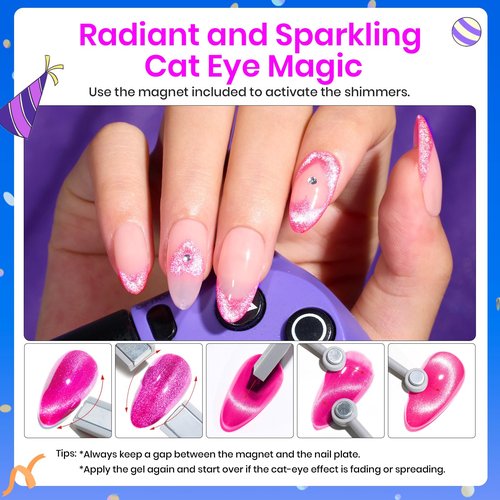 Beetles Cat Eye Gel Nail Polish, 6 Colors Cat Eye Glitter Gel Polish Set Neon Red Pink Purple Blue Green with Magnet Velvet Gel Kit Soak Off UV French Nail Art Manicure Spring Gift for Women