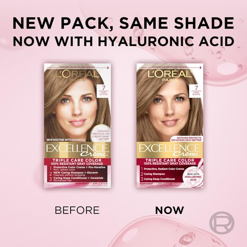 L'Oreal Paris Excellence Crème Permanent Hair Dye, Triple Care Hair Color with Hyaluronic Acid for 100% Gray Coverage, 7 Dark Blonde, 1 Kit (Pack of 2) (Packaging May Vary)