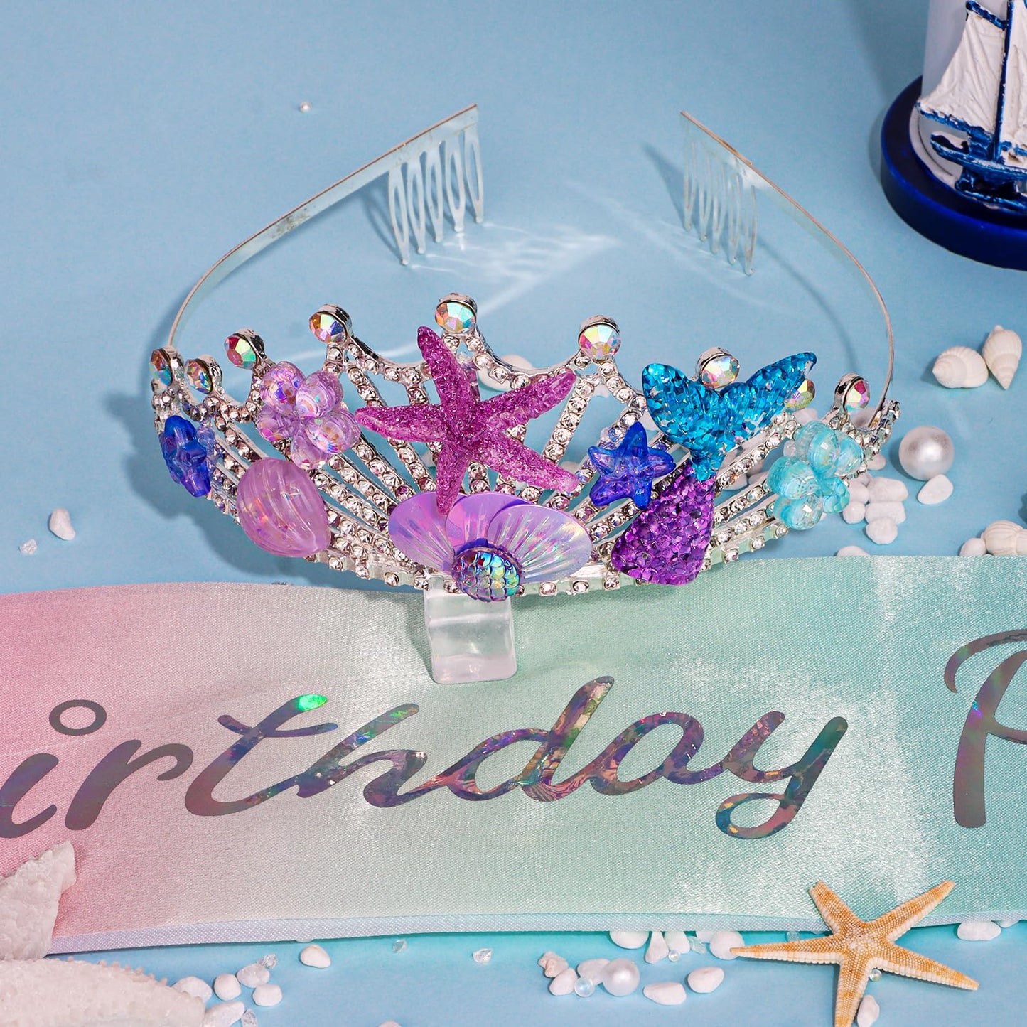 GAFATORY Purple Mermaid Crown and Sash for Women Birthday Crown and Sash for Birthday Princess Mermaid Adult Crown Ocean Theme Mermaid Birthday Decoration Seashell Fishtail Crown Halloween