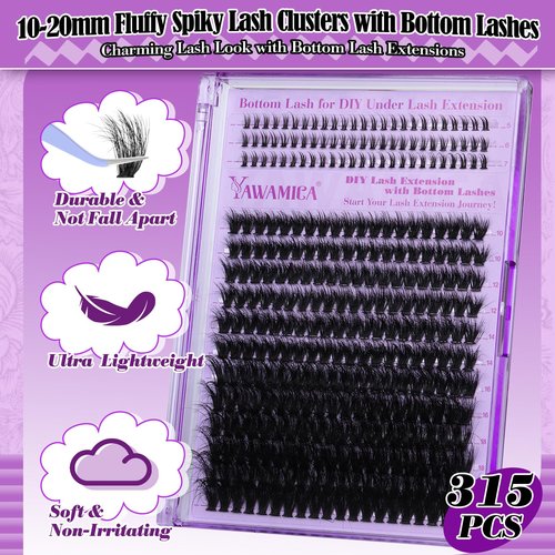 Yawamica Cluster Eyelash Extensions Fluffier Lash Clusters with Bottom Lashes 200D Volume Individual Lashes 315pcs Wispy Eyelash Clusters 10-20mm DIY Lash Extension at Home