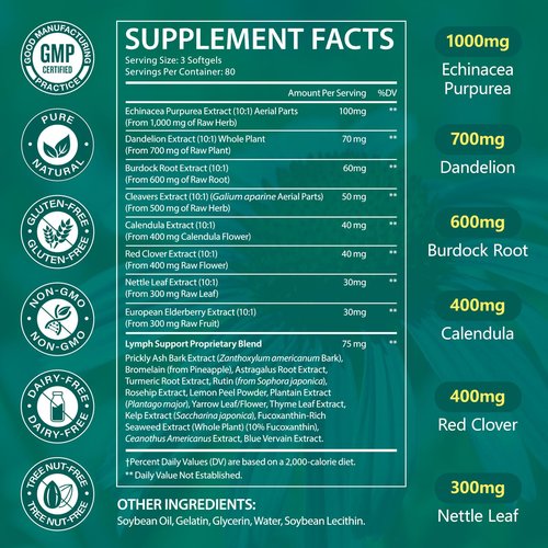 Lymphatic Drainage Supplements, Herbal Lymph System Support Supplement for Women & Men with Dandelion, Burdock, Echinacea, Turmeric, Bromelain, Fluid Balance & Immune Health, 240 Softgels