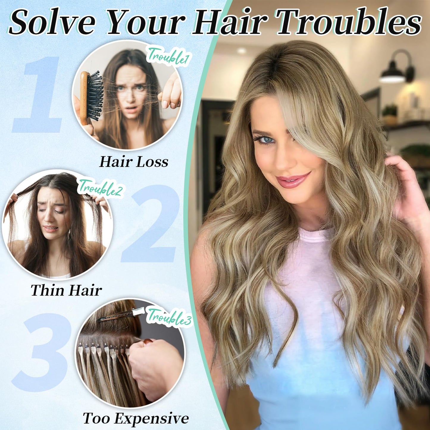 KooKaStyle Clip in Synthetic Hair Extensions Long Wavy 4PCS Thick Hairpieces Light Brown mix Light Blonde F8/613 Fiber Double Weft Natural Hair Extensions 20 Inch for Women