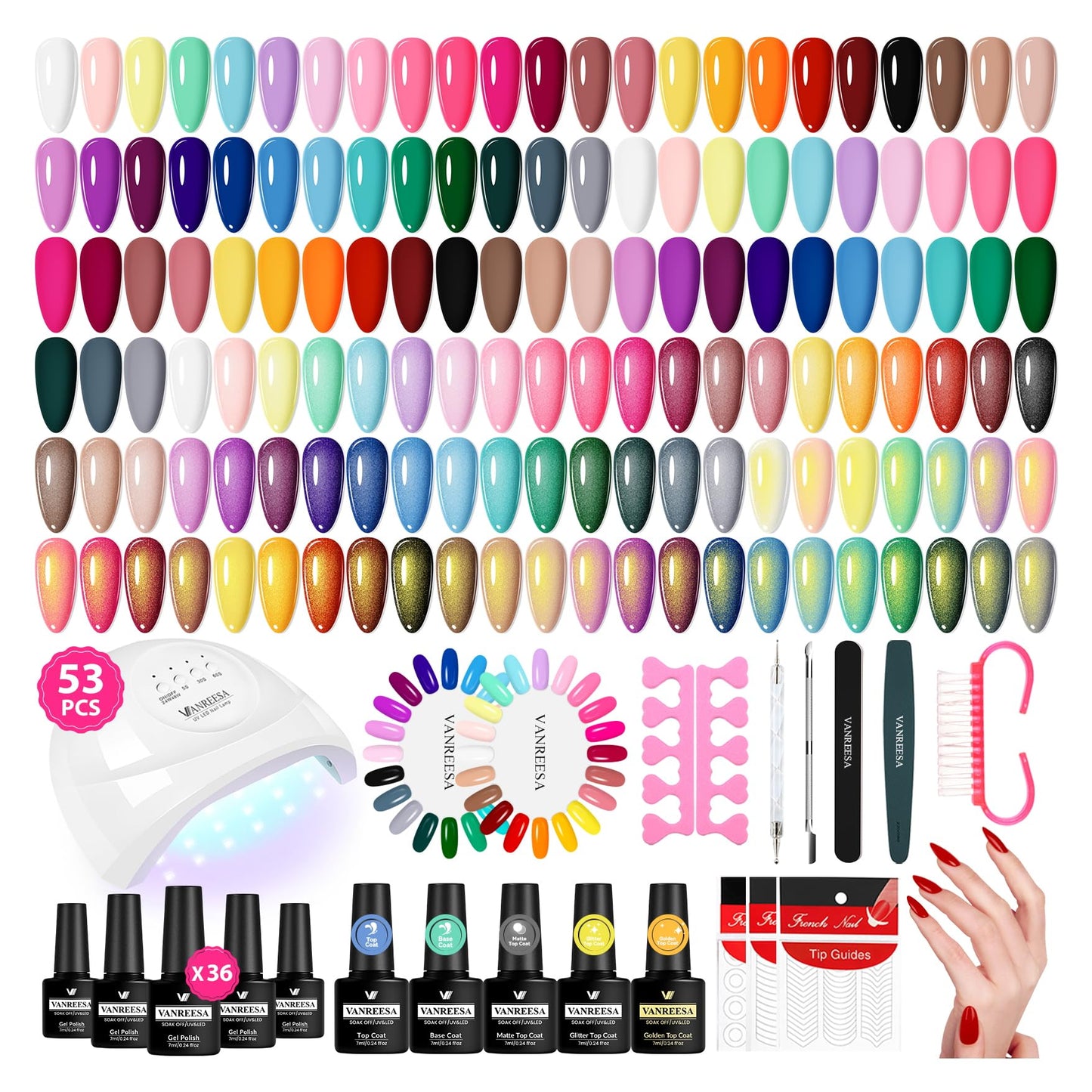 VANREESA Gel Nail Polish Kit with U V Light 53 Pcs Gel Polish Nail Set 36 Trendy Colors Nail Polish Set + Base and 4 Effects Top Coat with Manicure Tools Complete Nail Kit Gifts for Women Girls