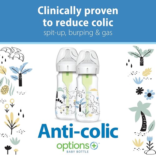 Dr. Brown's Baby Bottle - Anti-Colic Wide-Neck Designer Edition Dino Decos, 9oz, BPA-Free, 2-Pack