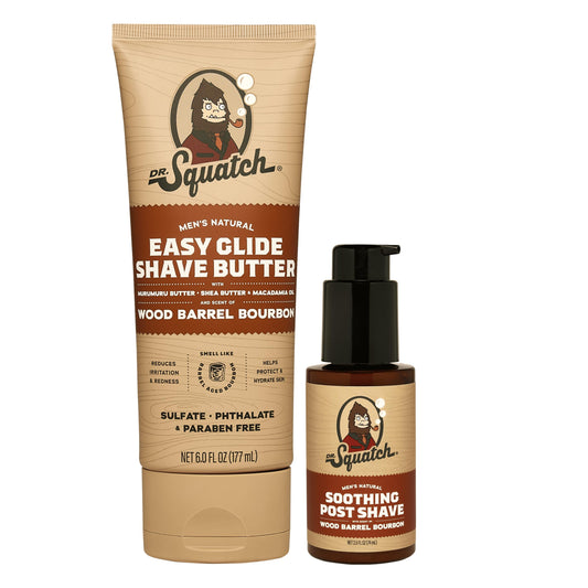 Dr. Squatch Wood Barrel Bourbon Smooth Shave Bundle - Easy Glide Butter + Soothing Post Shave - Natural Ingredients - Manly Fragrance - Moisturizing