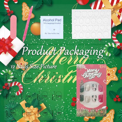 Christmas Press on Nails Short Square Fake Nails Press ons with Golden Glitter Christmas tree Design False Nails Red Green Full Cover Glue on Nails Glossy Christmas Stick on Nails for Women 24Pcs