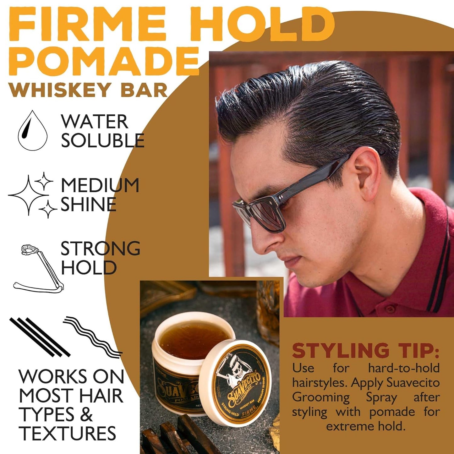 Suavecito Pomade Firme Hold - Whiskey Bar Scent 4 oz | Strong, Flake-Free Hair Gel for Men