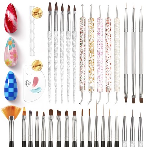 Beetles White Gel Nail Polish,15ml Fall Soak Off UV Gel Polish & 31pcs Nail Art Brushes with Palette Holder All in One for Starter Manicure Design Set