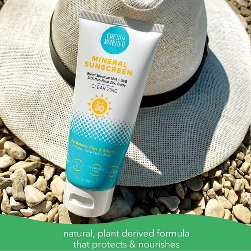 Fresh Monster Kids Sunscreen - SPF 30 Clear Non-Nano Zinc Oxide | Reef Safe & Hypoallergenic Face & Body Protection
