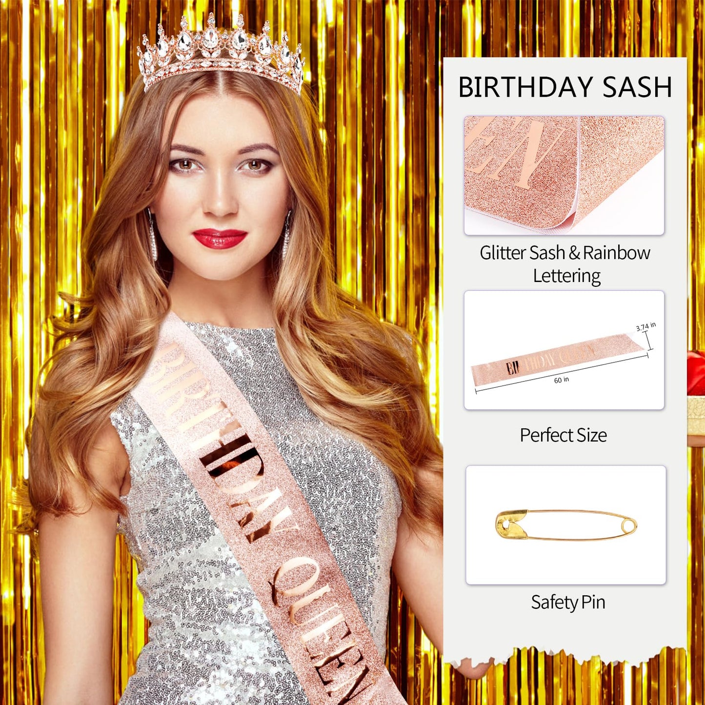 Vovii Birthday Crown & Sash Set for Women, Rose Gold Rhinestone Tiara & Birthday Queen Sash for Women Birthday Decorations, Happy Birthday Party Decorations for Birthday Crown Adult Woman