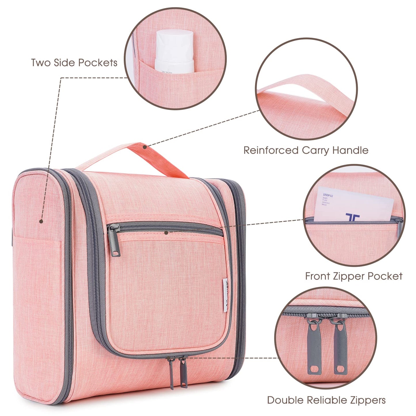 Narwey Hanging Toiletry Bag for Women Travel Makeup Bag Organizer Toiletries Bag for Cosmetics Essentials Accessories(Large, Pink)
