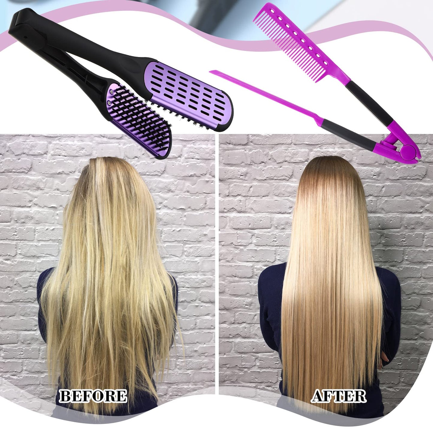 Chengu 2 Pcs Boar Bristles Double Sided Brush and Flat Iron Comb for Hair Straightening and Styling Knotty Unkempt Hair (Black, Purple)