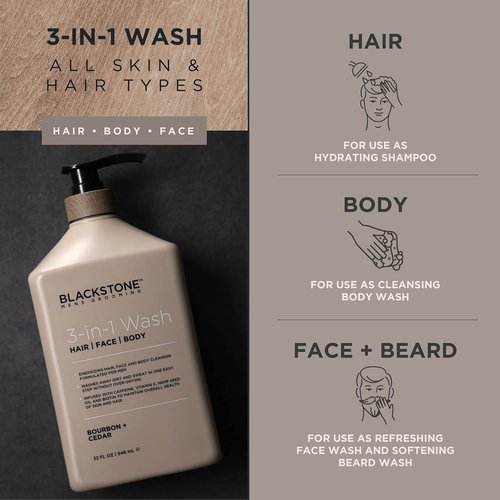 Blackstone 3-in-1 Wash for Men - Cleanses & Conditions Hair, Body & Face | Caffeine & Vitamin C | Bourbon & Cedar, 32 fl oz