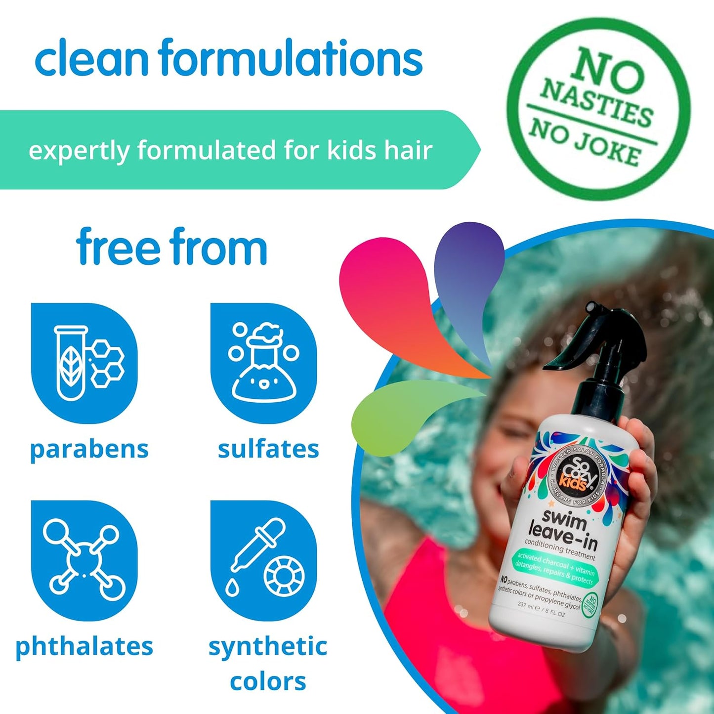 SoCozy Swim Leave-In Conditioner Spray - Protect & Repair Kids' Hair | 8 Fl Oz, Gentle Formula with Charcoal & Vitamin B5